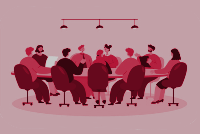 Imagem de fundo vermelho com o uma mesa ao centro com varios individuos reunidos