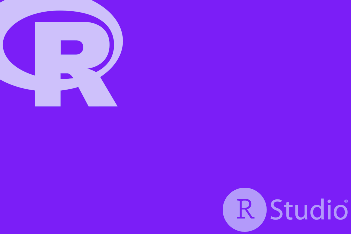 Imagem de fundo roxo com o logo da linguagem de programção R